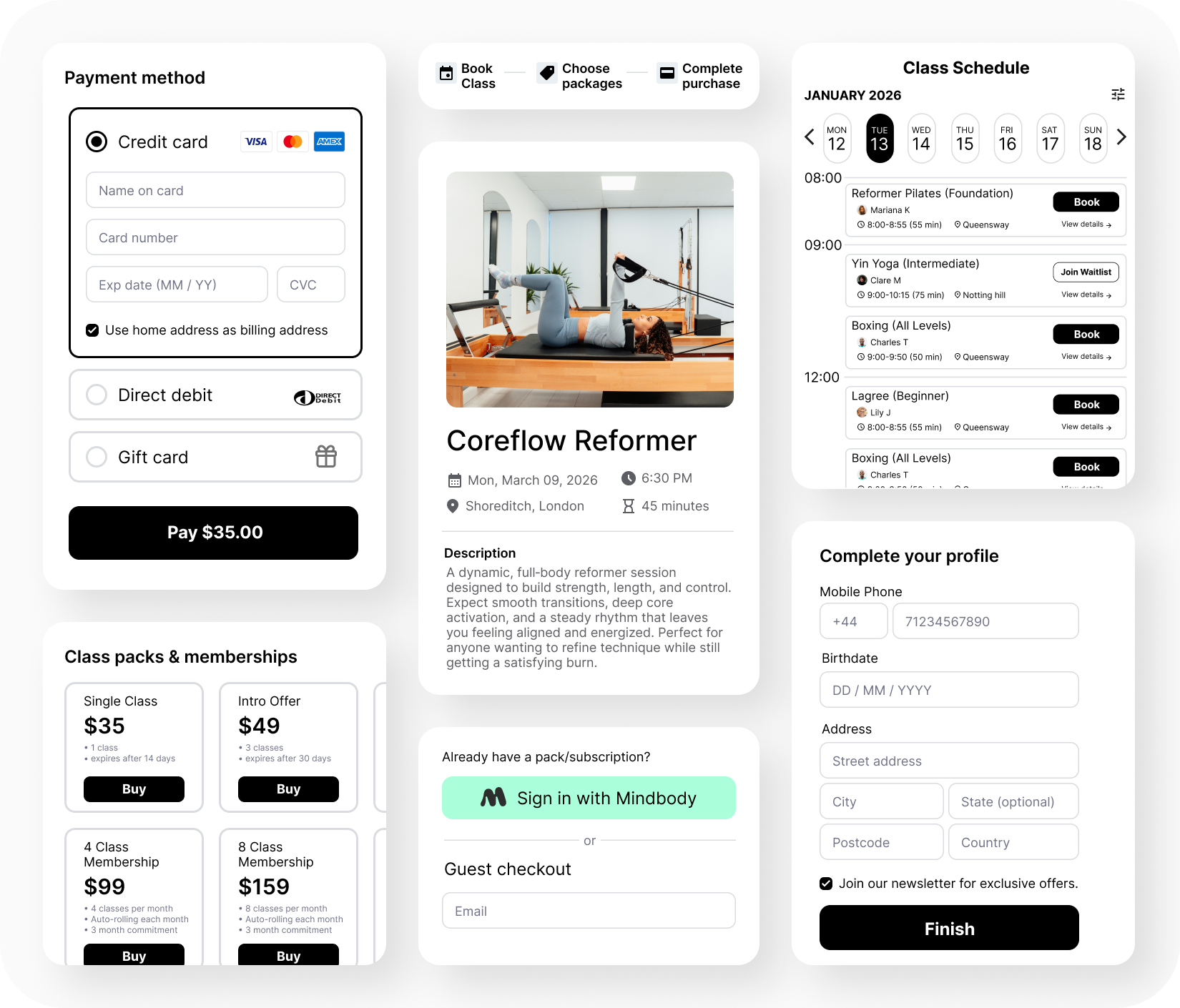 User interface for booking fitness classes, selecting memberships, and completing payment.